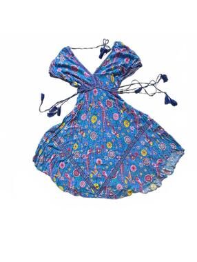 Blue bohemian maxi with pink and yellow floral pattern